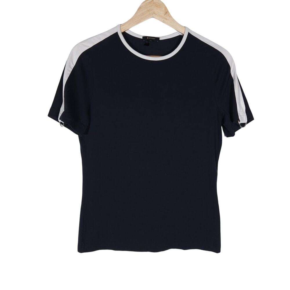 Escada Womens Top EU 36 Black White Short Sleeve Crew Neck Pullover T Shirt
